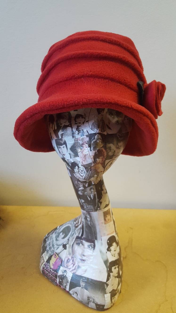 Red Fleece Hat Lined with Polar Fleece-Downton Abbey Hat-Womens Fleece Hat-Womens Fleece Winter Hat-1930's-Vintage Hat-Ladies Winter Hat