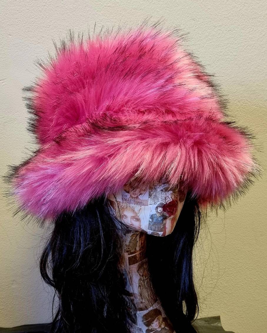 Rose Pink Super Fluffy Luxury  Faux Fur Bucket Hat-Pink-Fuzzy Bucket Hat-Festival Hat-Fur Hat-Fake Fur Hat-Rave Hat-Pink Bucket Hat-Y2K hat
