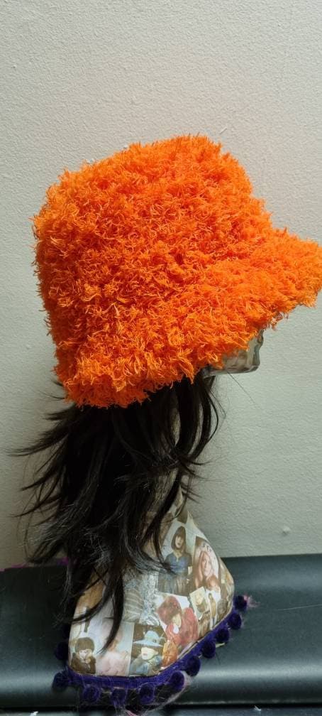 Curly Frills Orange Faux Fur Bucket Hat-Festival Hat-Floppy Hat-Fur Hat-Fake Fur Hat-Rave Hat-Orange Fur Hat- Orange Fur Hat-Bright Orange