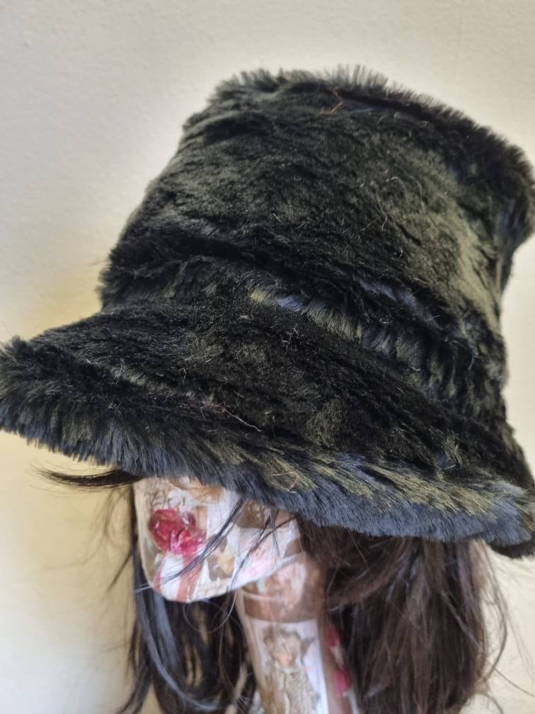 Short Black Fun Fur Bucket Hat-Festival Hat-Floppy Hat-Fur Hat-Fake Fur Hat-Rave Hat-Black Fur Hat- Black Fur Hat- Furry Bucket Hat