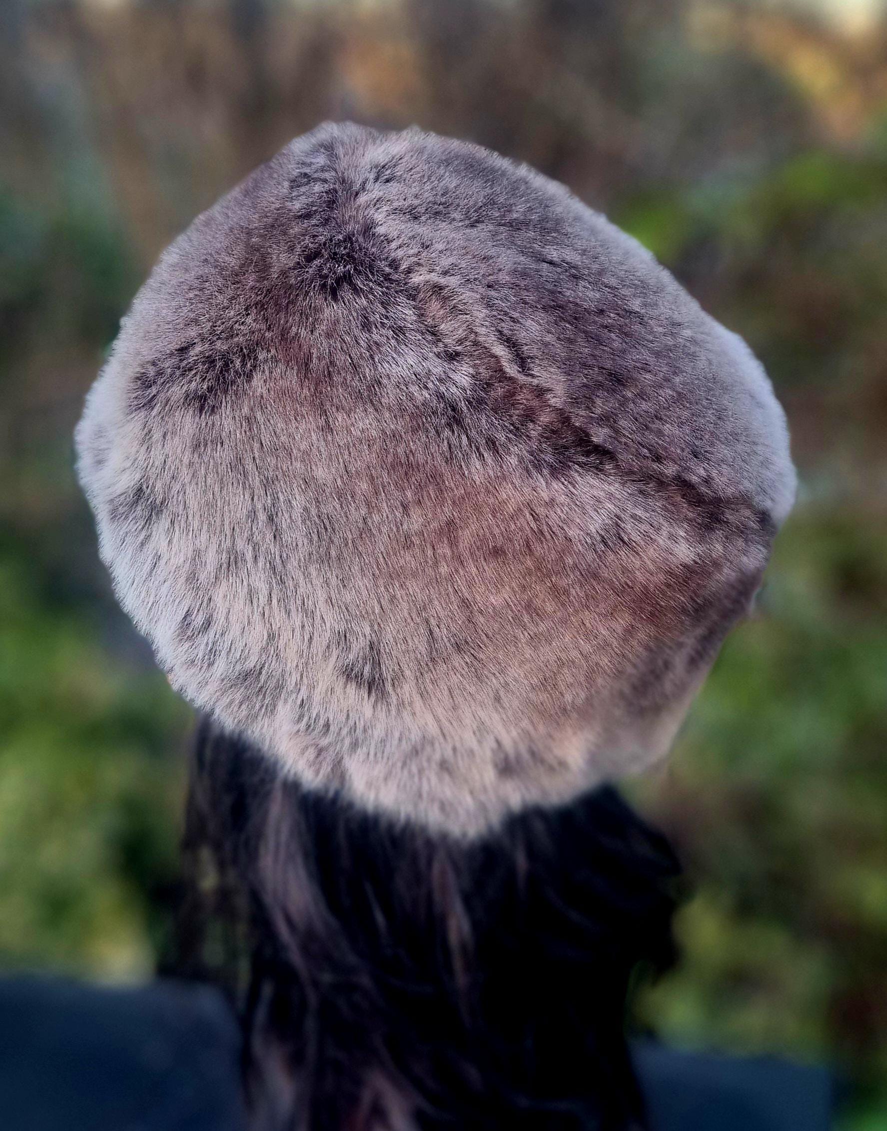 Faux Chinchilla- Winter Faux Fur Hat-Brown-Grey Fur Hat-Brown Fake Fur-Fur Pill Box Hat-Winter Fake Fur Hat Silver Grey- Vegan Fabric