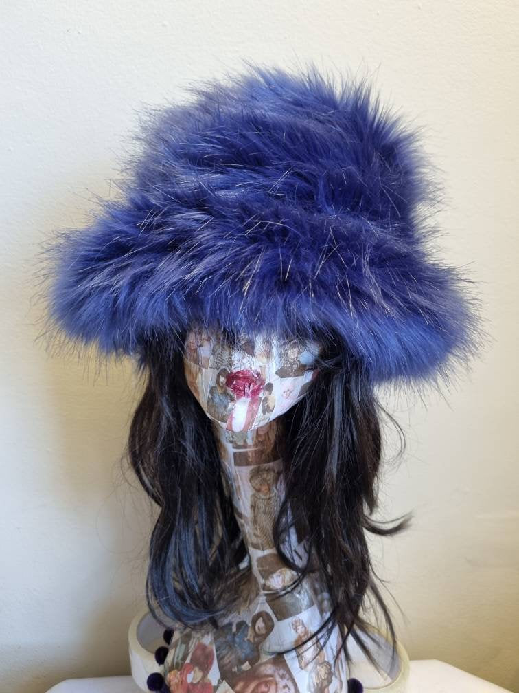 Purple Blue Fuzzy Bucket Hat-Festival Hat-Floppy Hat-Fur Hat-Fake Fur Hat-Rave Hat-Purple Bucket Hat-Blue Fur Hat-vegan friendly hat