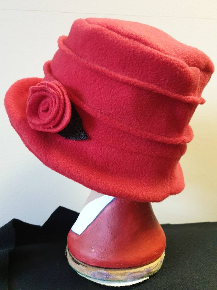 Red Fleece Hat Lined with Polar Fleece-Downton Abbey Hat-Womens Fleece Hat-Womens Fleece Winter Hat-1930's-Vintage Hat-Ladies Winter Hat