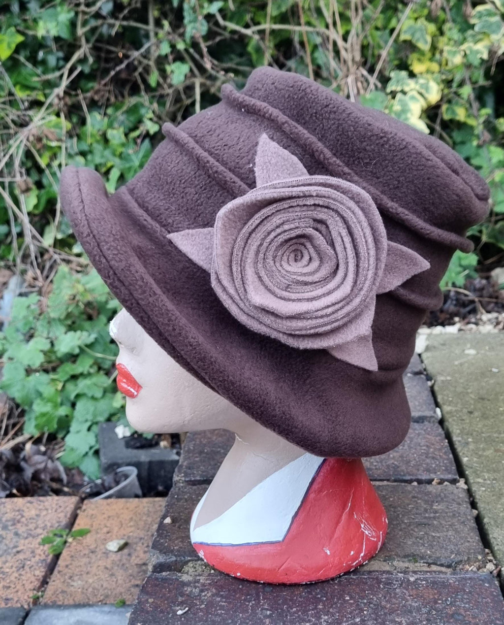Chocolate Brown Fleece Cloche Hat with Camel Flower-Fleece Lining-Downton Abbey Hat-Womens Fleece Hat-Ladies Winter Hat-Brown Polar Fleece