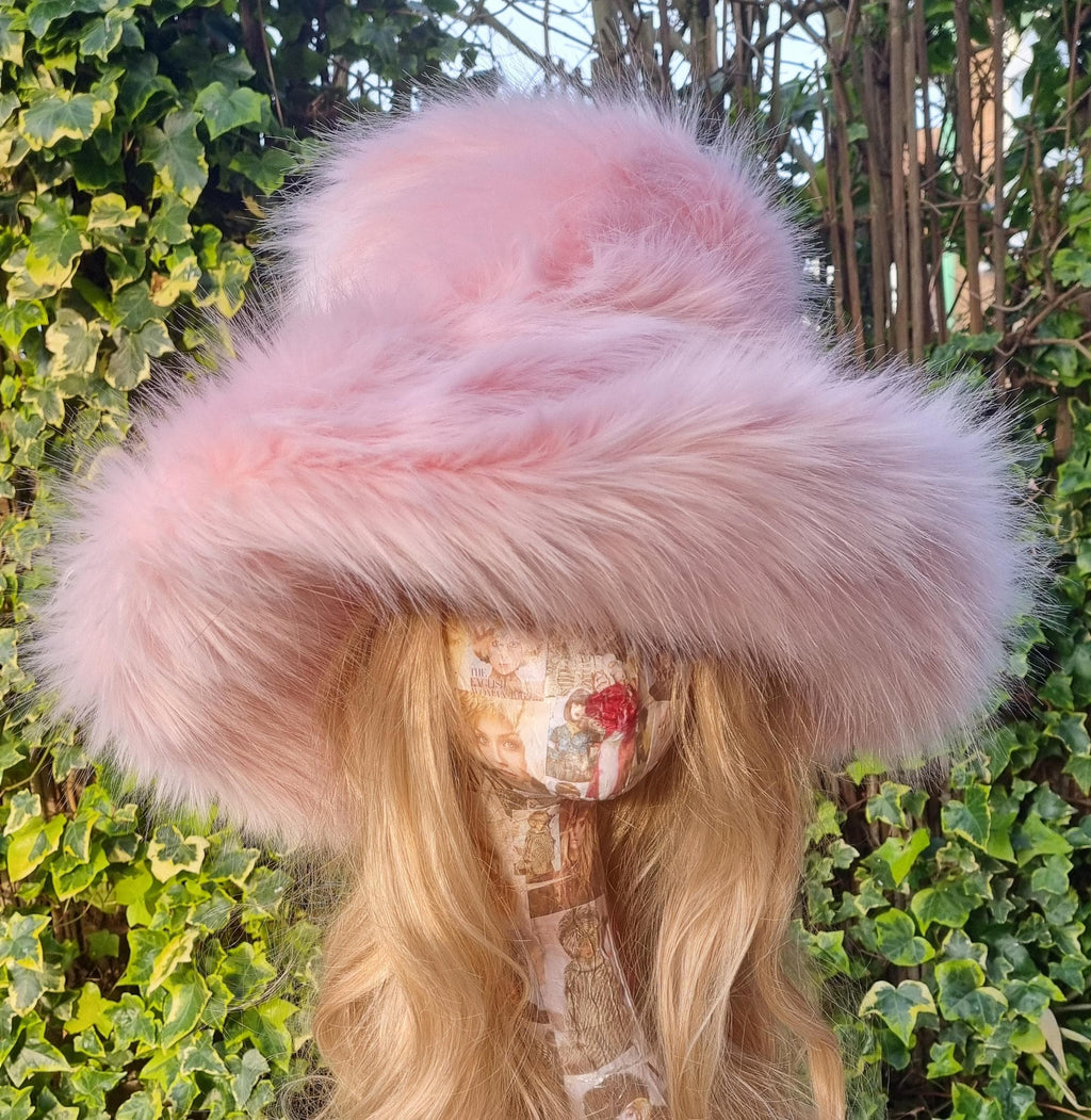 Pale Pink Oversized Faux Fur Bucket Hat | Wire Brim | Handmade in England