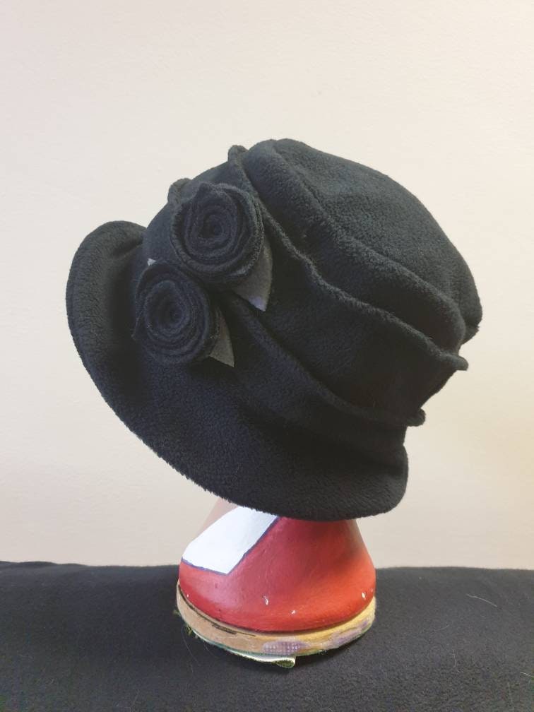 Black Fleece-Cloche Hat with Black Flower Detail-Polar Fleece Lining-Downton Abbey Hat-Womens Fleece Winter Hat-1930's-Ladies Winter Hat