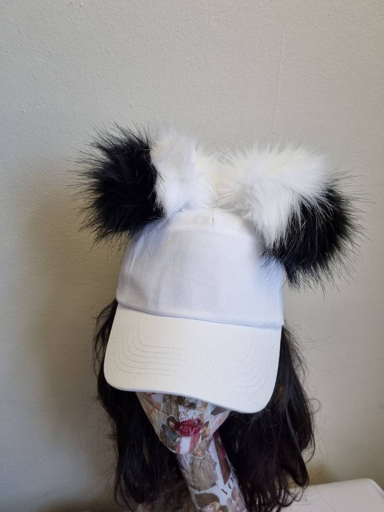 Fabulous Fluffy Pom Pom Baseball Cap- White baseball Cap- Black/White Pom Pom