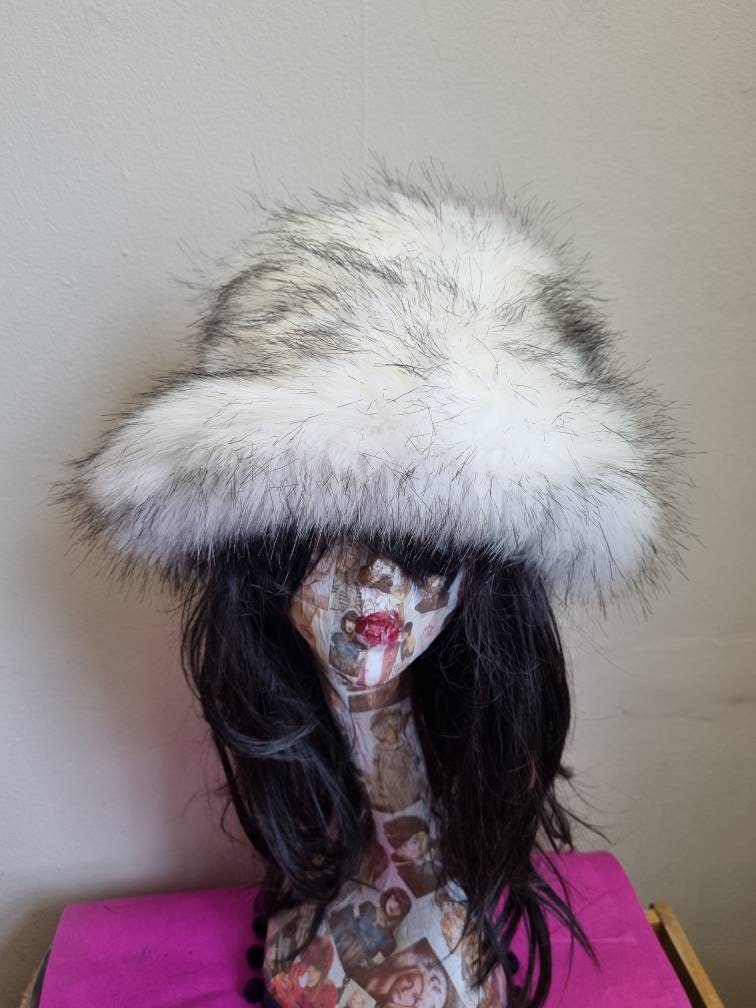 White/Black Soft Fuzzy Bucket Hat-Faux Fur Hat-Festival Hat-Floppy Hat-Fur Hat-Fake Fur Hat-Rave Hat-White Bucket Hat-Vegan Friendly Hat