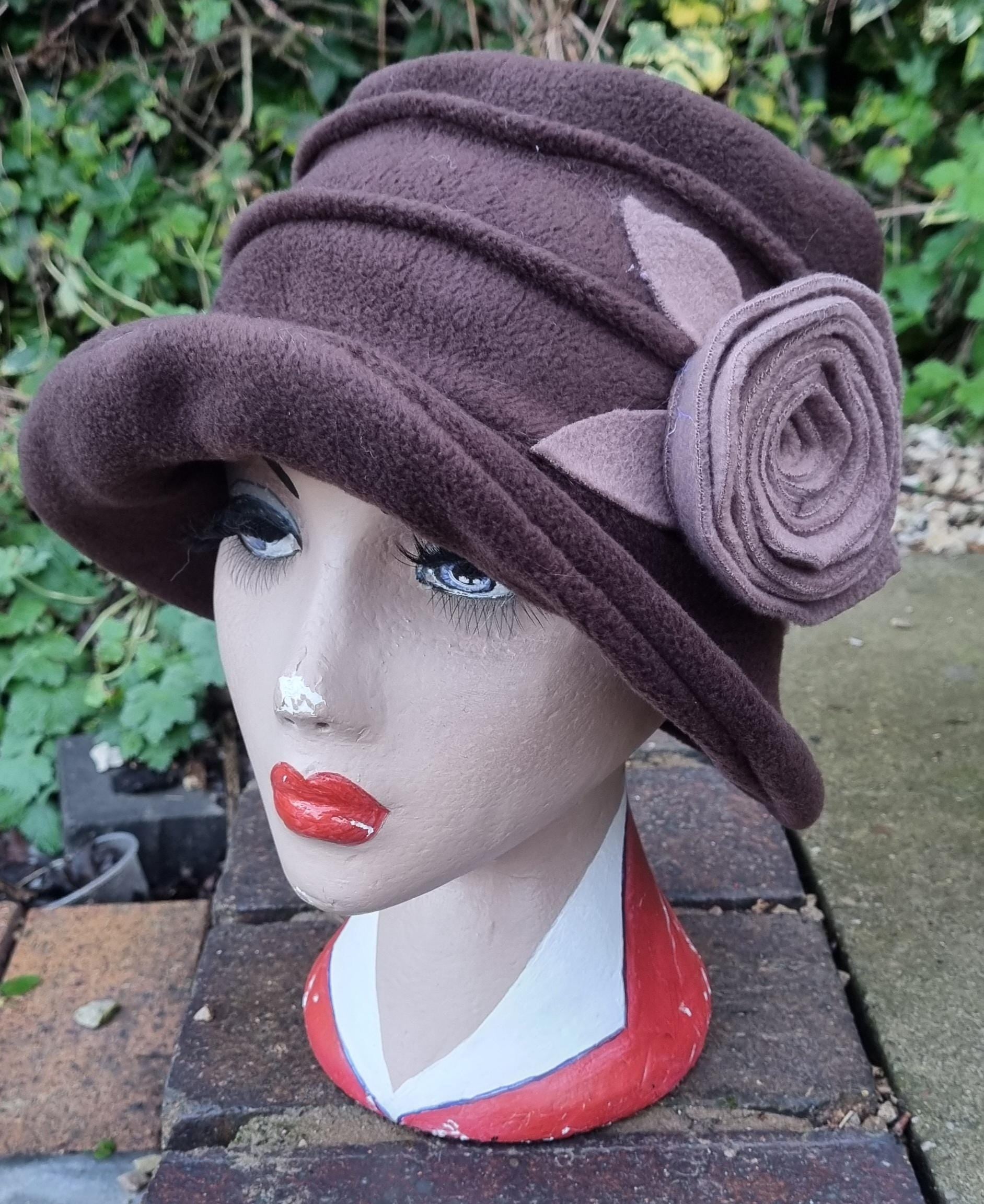 Chocolate Brown Fleece Cloche Hat with Camel Flower-Fleece Lining-Downton Abbey Hat-Womens Fleece Hat-Ladies Winter Hat-Brown Polar Fleece