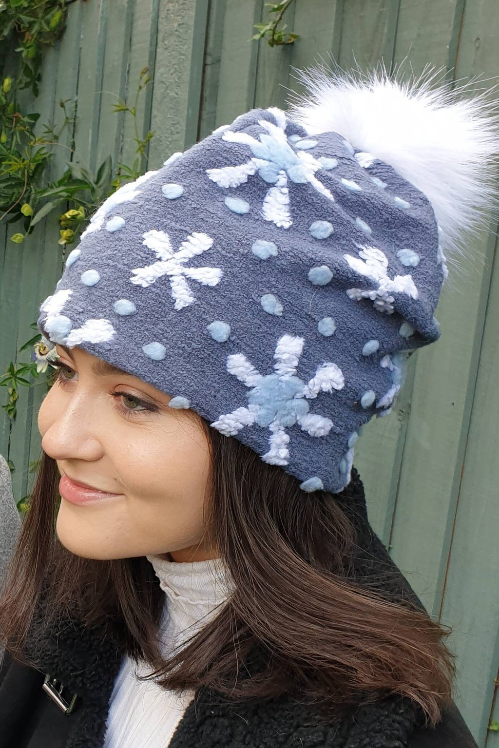 Snowflake Pattern Bouclé Slouchy Hat Large White Pom Pom-Fully lined with Polar Fleec-Fur Pom Pom Hat-Womens Fleece Hat-Faux Fur Pom Pom