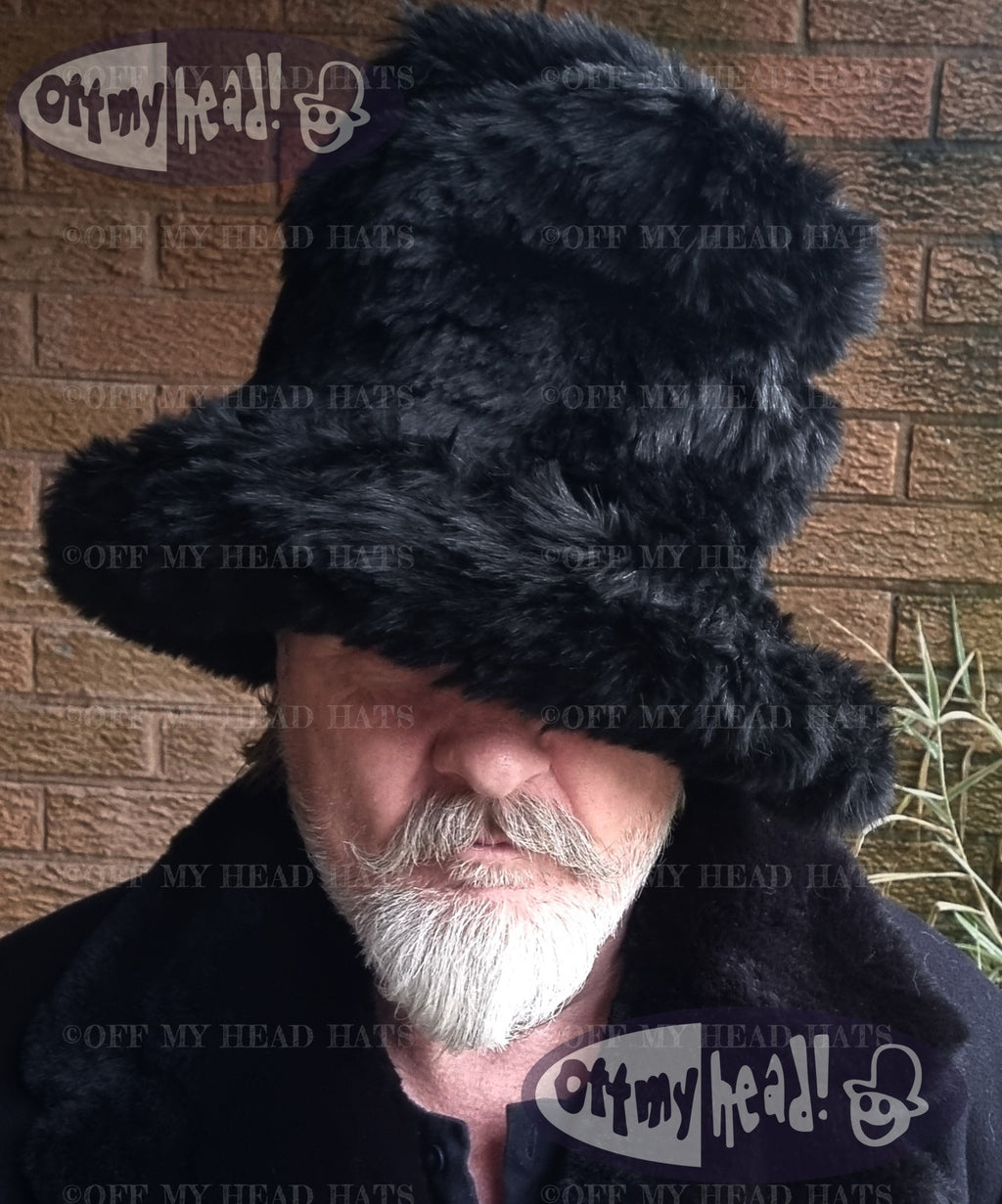 Tall Black Faux Fur Hat | Handmade in England | JK Space Cowboy Style Stovepipe Hat