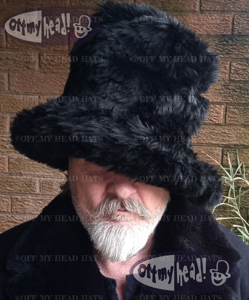 7 Inch Tall Black Faux Fur Hat | JK Space Cowboy Style | Handmade in England