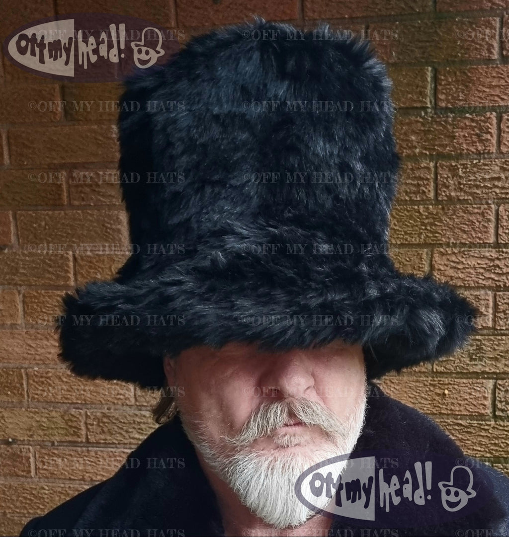 Tall Black Faux Fur Hat | Handmade in England | JK Space Cowboy Style Stovepipe Hat