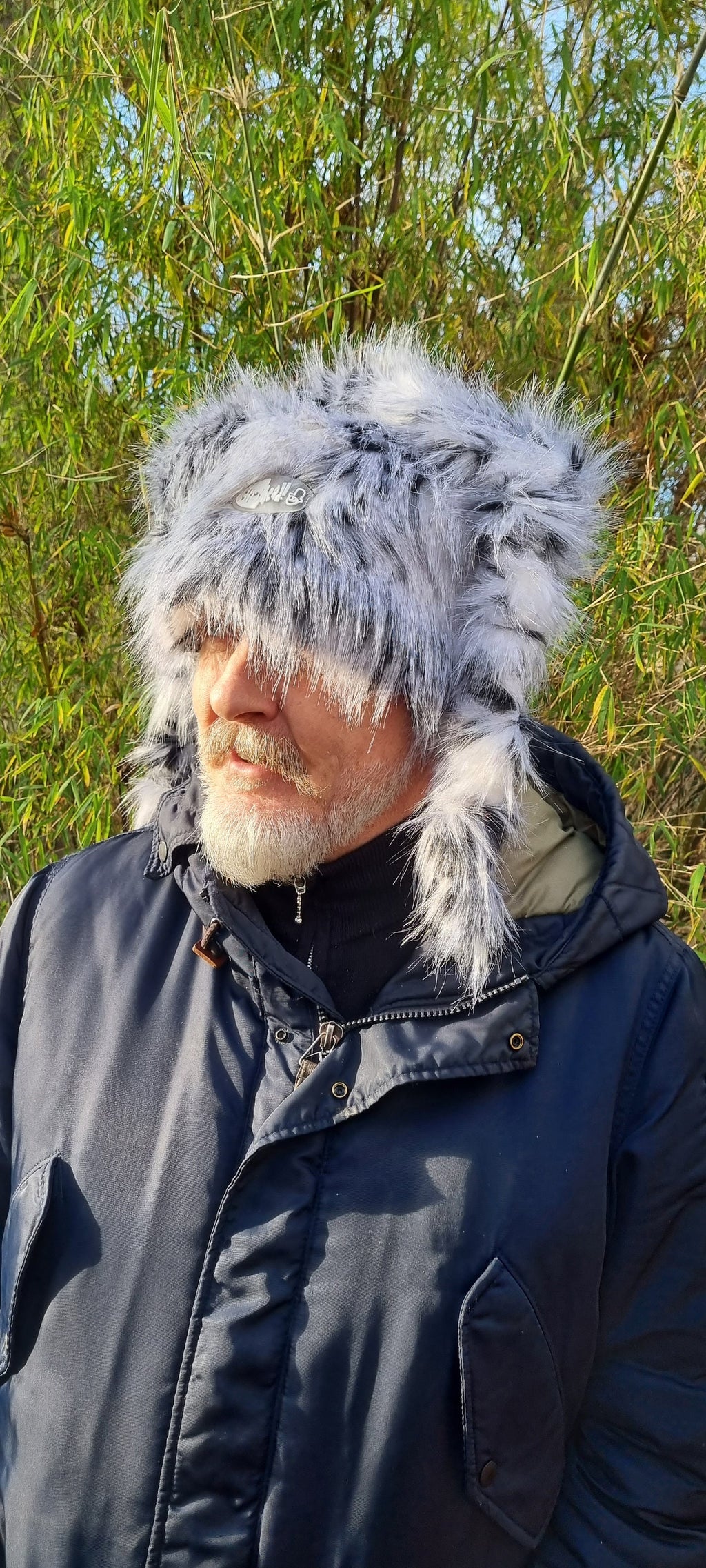black and white faux fur hjat off my head hats