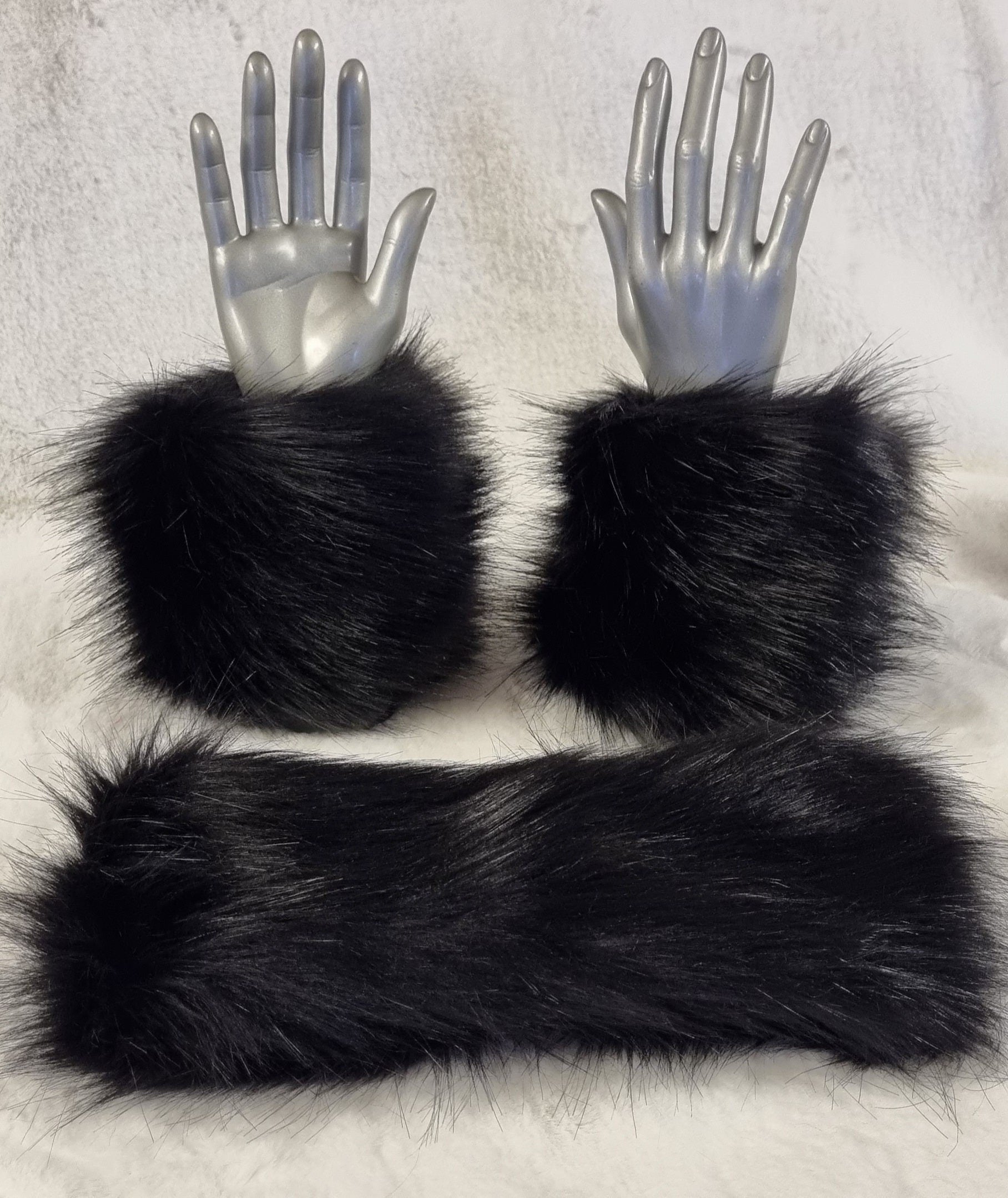 black faux fur wrist fluffy cuffs with matching black furry headband