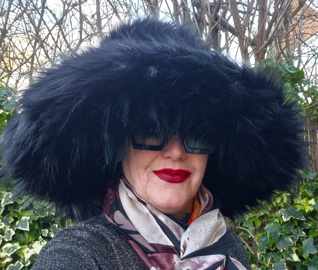 Black fluffy wide brim hat with structured wired brim, luxury faux fur festival hat bold statement headwear