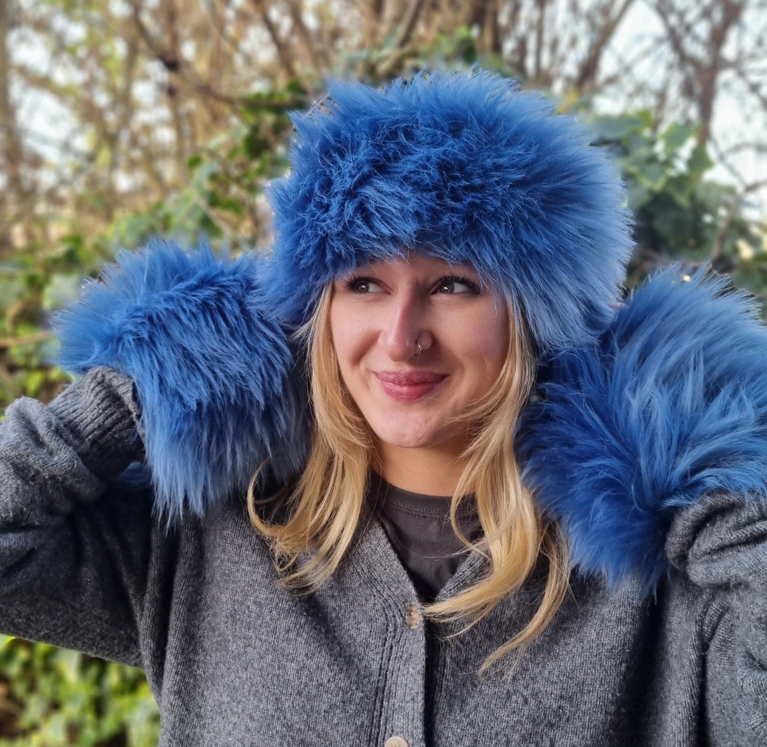 Dusky Blue Faux Fur Headband — Mega Fluffy Earwarmer & Neckwarmer