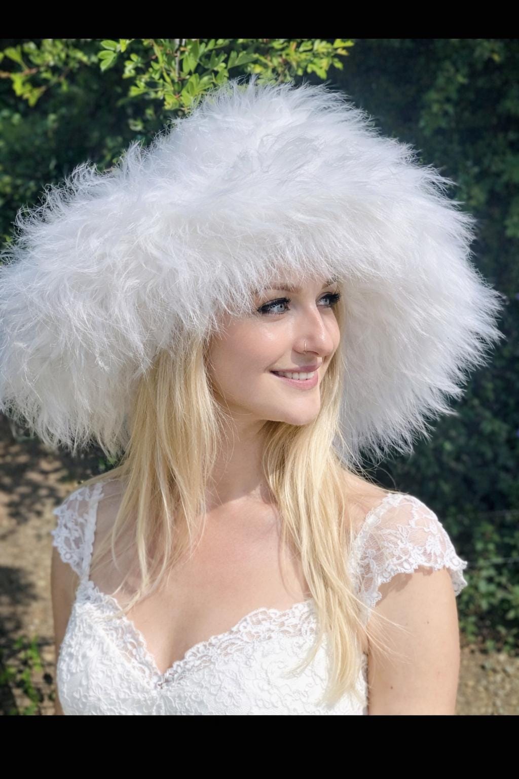 Bridal white oversized faux fur hat with 7-inch wire brim — elegant wedding headwear UK