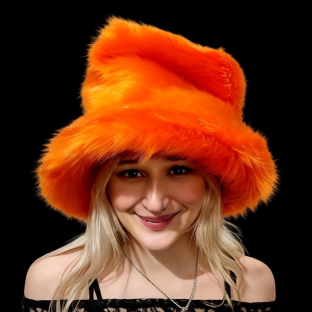 Bold orange faux fur festival hat with wide brim, made to order in England