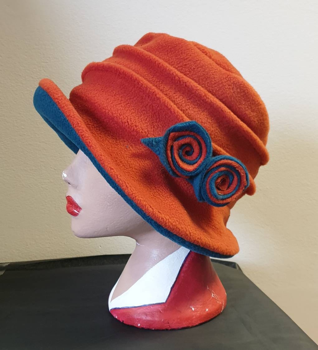 Burnt Orange & Teal Fleece Cloche Hat | Handmade in England