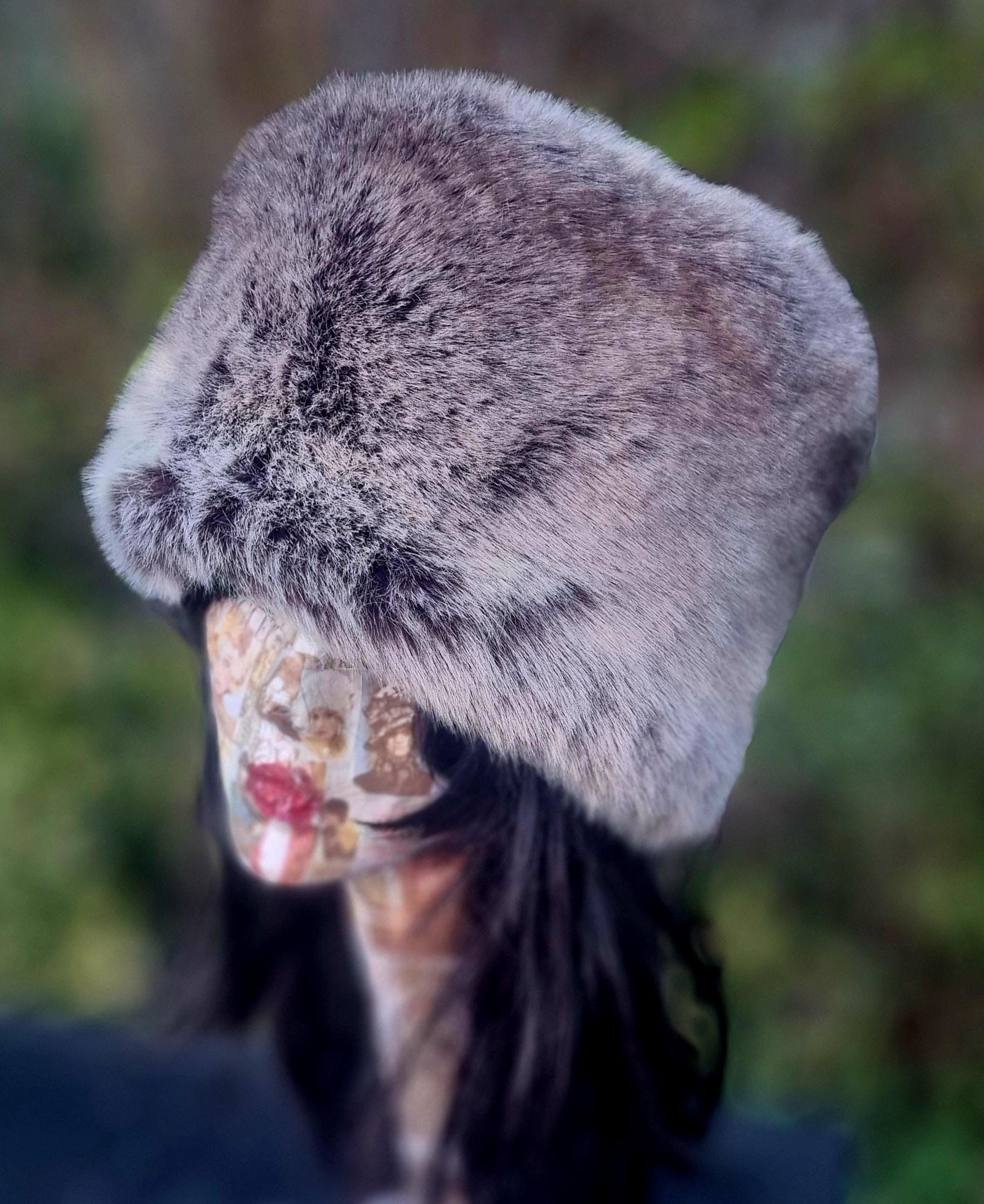 Faux Chinchilla- Winter Faux Fur Hat-Brown-Grey Fur Hat-Brown Fake Fur-Fur Pill Box Hat-Winter Fake Fur Hat Silver Grey- Vegan Fabric