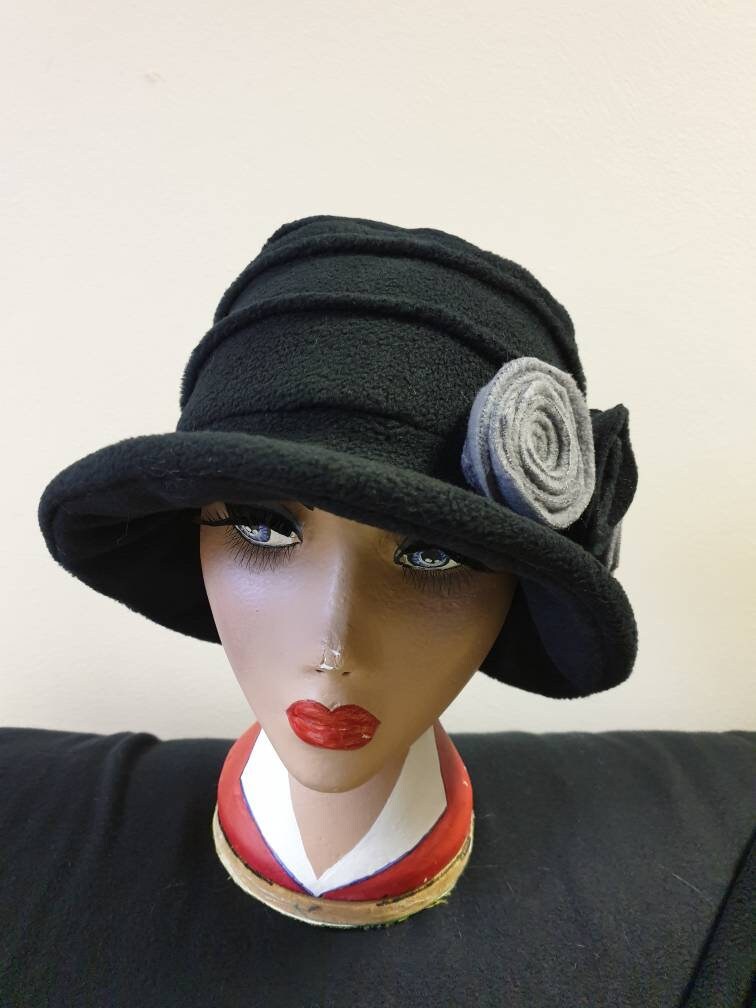 Black Fleece Hat-Downton Abbey Hat-Womens Fleece Hat-Womens Fleece Winter Hat-1930's-Vintage Hat-Ladies Winter Hat-Cloche Hat-Flapper Hat
