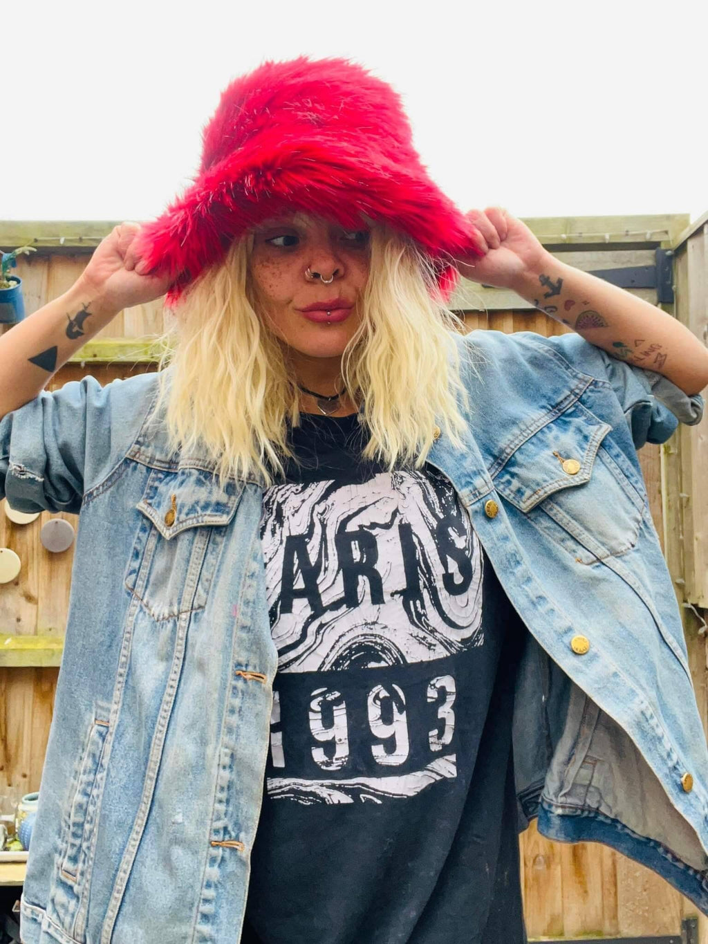 Deep Red & Black Faux Fur Bucket Hat | Handmade in the UK