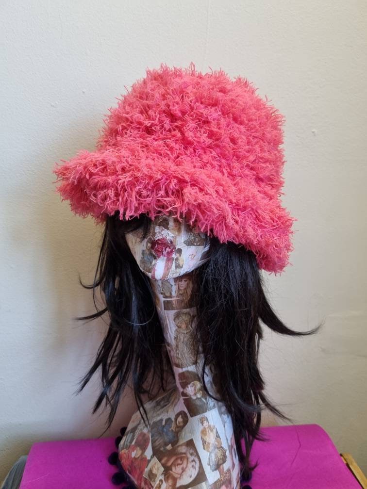 Frilly Pink Faux Fur Bucket Hat-Festival Hat-Floppy Hat-Fur Hat-Fake Fur Hat-Rave Hat-Pink Fur Hat-Cerise Pink Hat