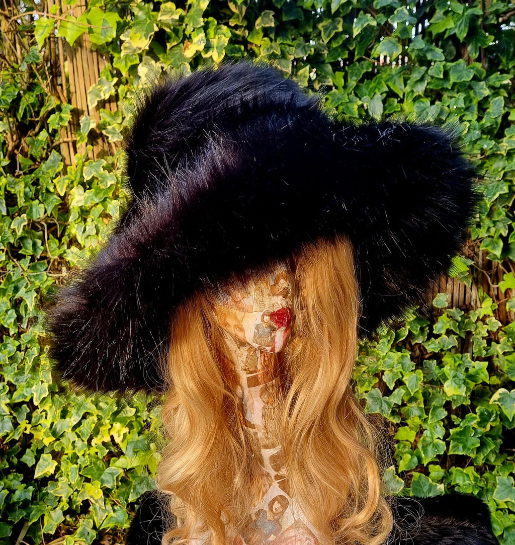 Luxury Wide Brim Black Faux Fur Bucket Hat | Ascot, Winter Weddings & Festivals | Handmade in England