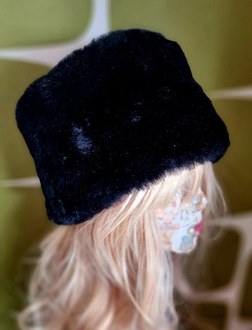 Black Faux Fur Hat- Black Fur Hat- Fleece Lining- Winter Hat- Fur Hat- Vegan- Cruelty Free