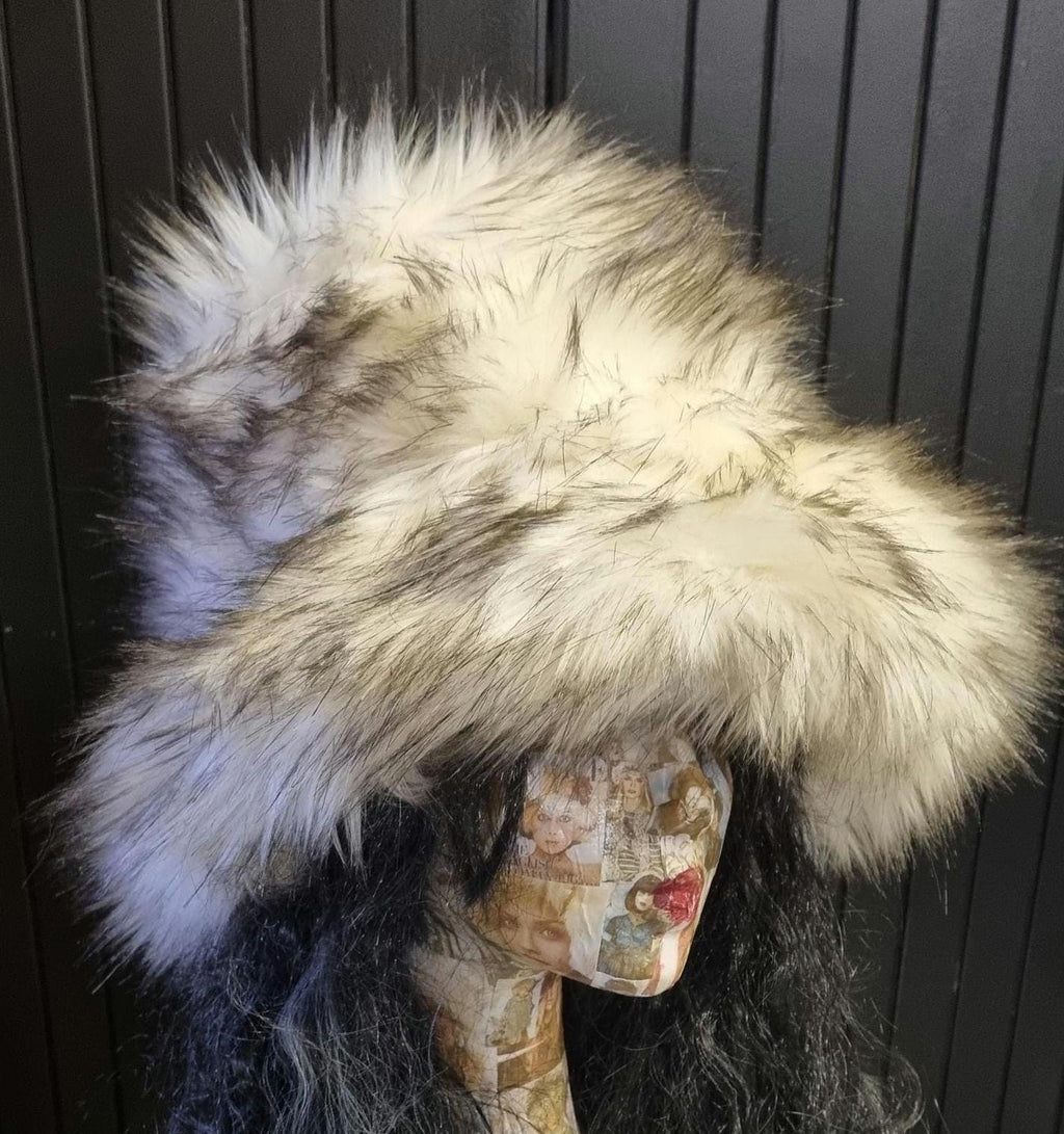 Fluffy White with Black Bits Fuzzy Bucket Hat-Festival Hat-Floppy Hat-Fur Hat-Fake Fur Hat-Rave Hat-Pink Bucket Hat-vegan friendly hat-