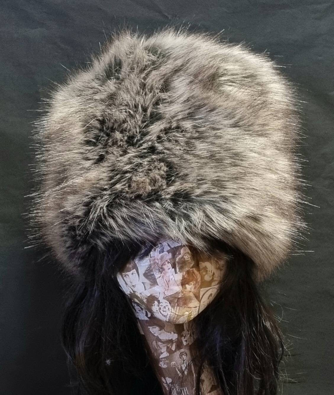 Grey and Brown Luxury Faux Fur Hat with Polar Fleece Lining- Fur Hat-Fake Fur Hat-Winter Hat- Grey Fur Hat- Vegan Fur Hat- Grey Fur- Brown
