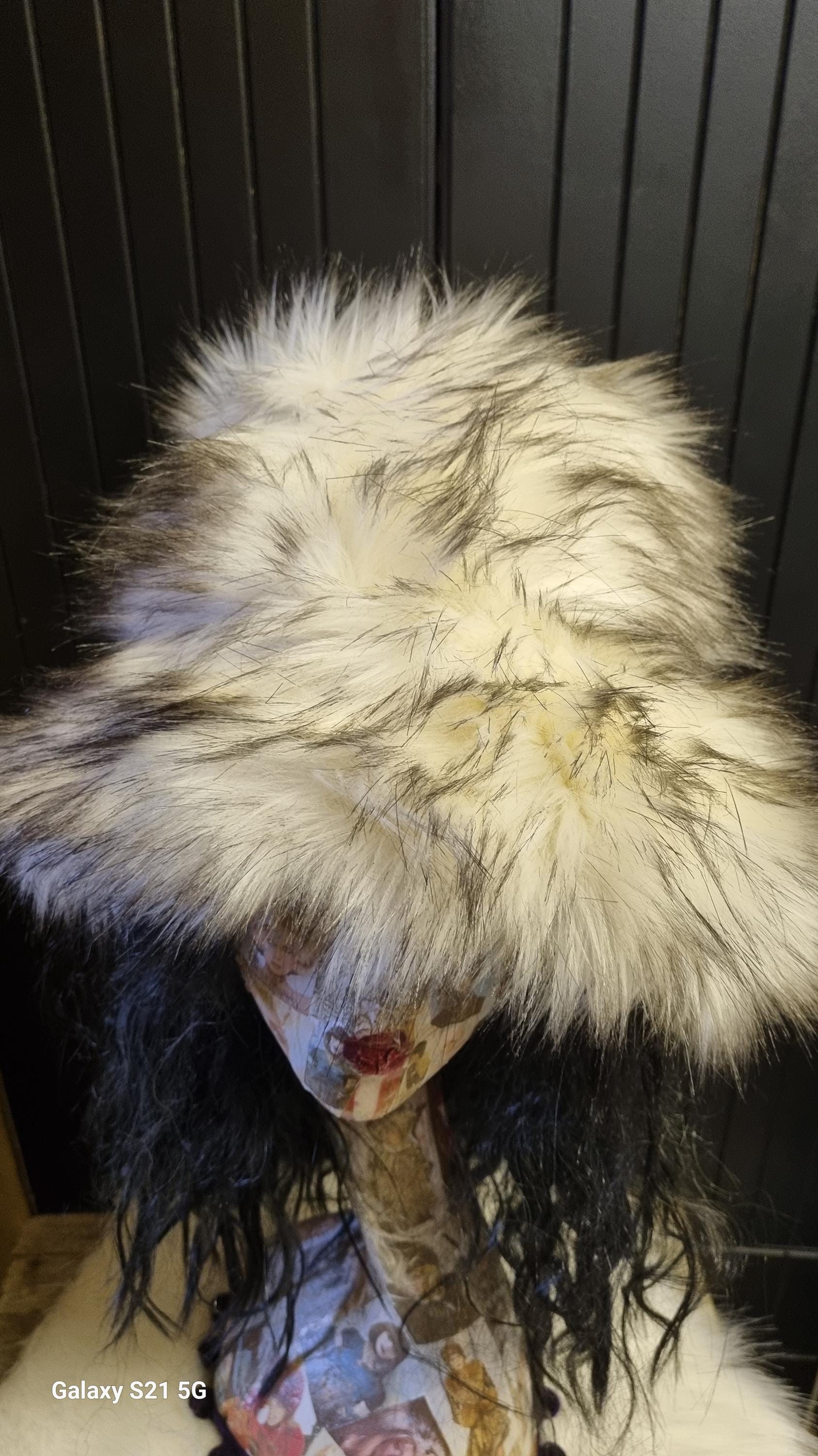 Fluffy White with Black Bits Fuzzy Bucket Hat-Festival Hat-Floppy Hat-Fur Hat-Fake Fur Hat-Rave Hat-Pink Bucket Hat-vegan friendly hat-