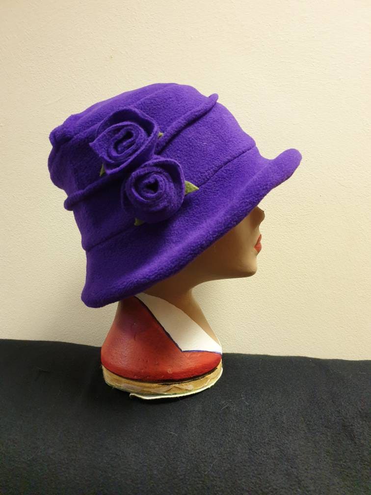 Fleece Lined Purple Fleece Hat- Pleated Top-Downton Abbey Hat-Womens Fleece Hat-Womens Fleece Winter Hat-1930-Ladies Winter Hat-Cloche Hat