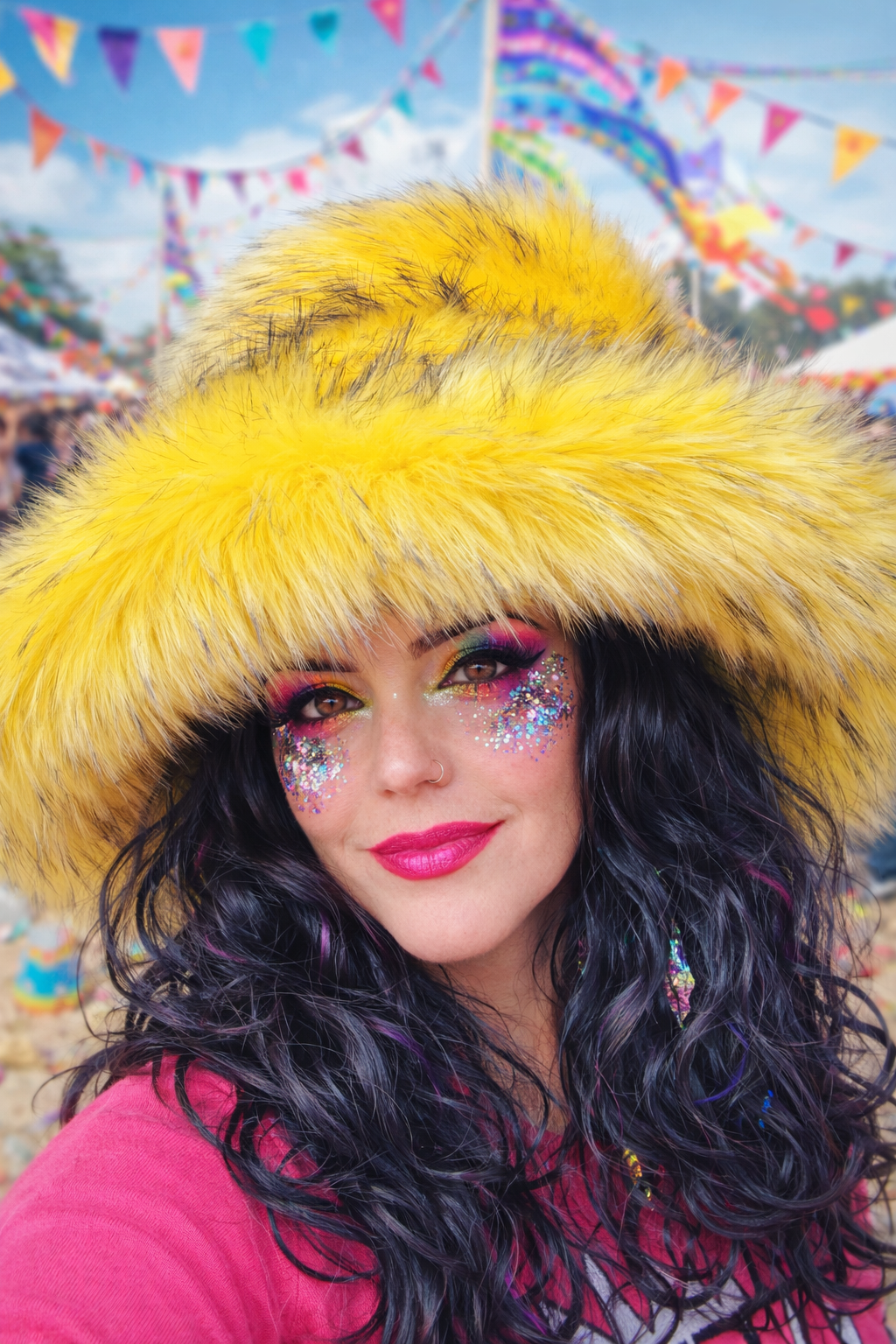 Canary Yellow Black Tips Faux Fur Bucket Hat | Extra Wide Wired Brim | Handmade Festival Hat