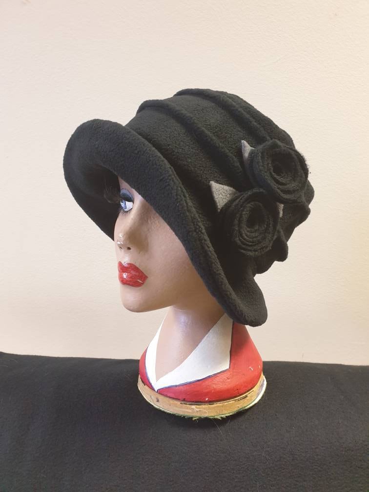 Black Fleece-Cloche Hat with Black Flower Detail-Polar Fleece Lining-Downton Abbey Hat-Womens Fleece Winter Hat-1930's-Ladies Winter Hat