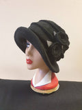 Black Fleece-Cloche Hat with Black Flower Detail-Polar Fleece Lining-Downton Abbey Hat-Womens Fleece Winter Hat-1930's-Ladies Winter Hat