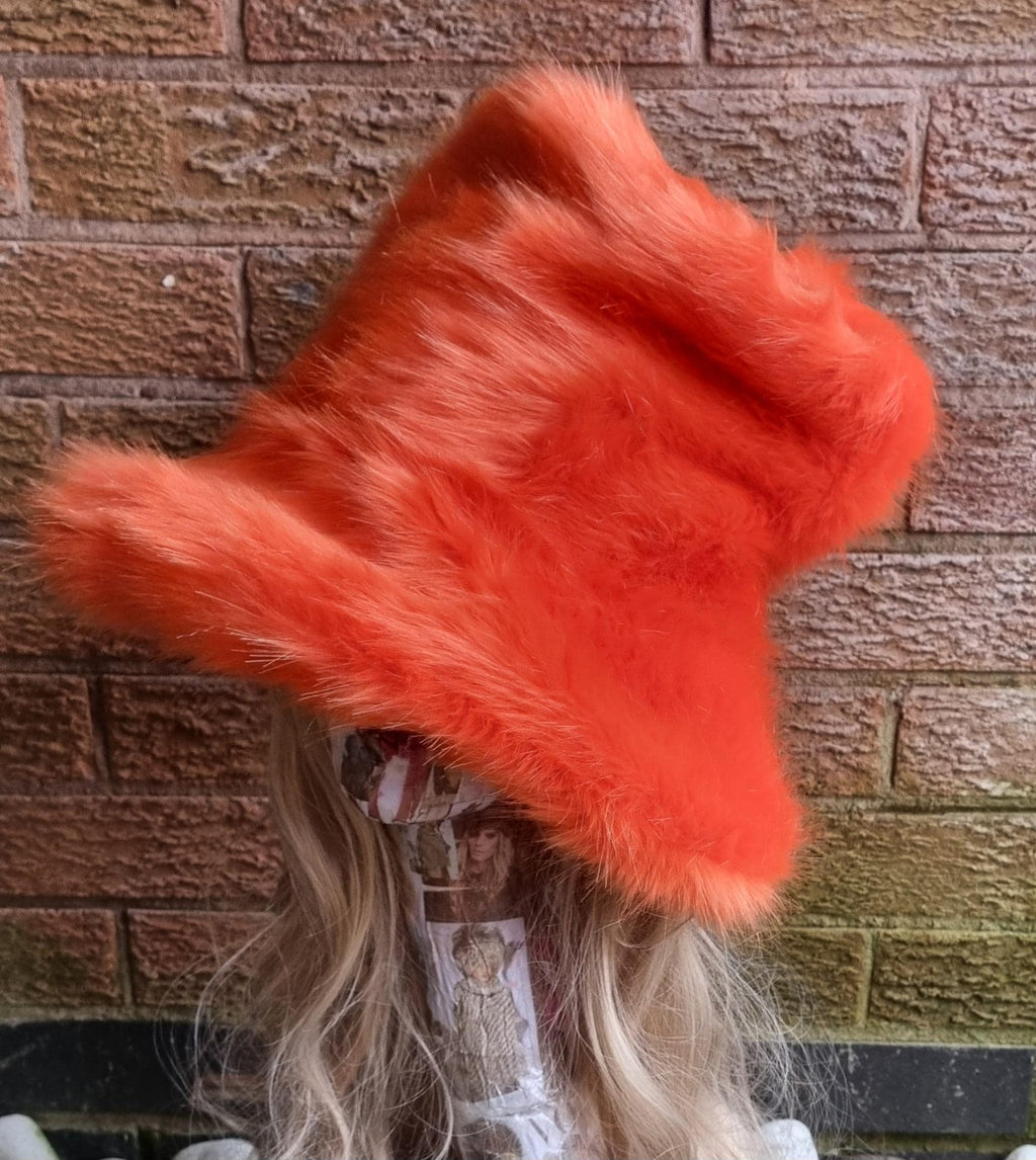 Handmade orange faux fur stovepipe hat with brim turned up, UK made