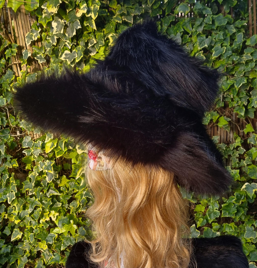 Luxury Wide Brim Black Faux Fur Bucket Hat | Ascot, Winter Weddings & Festivals | Handmade in England
