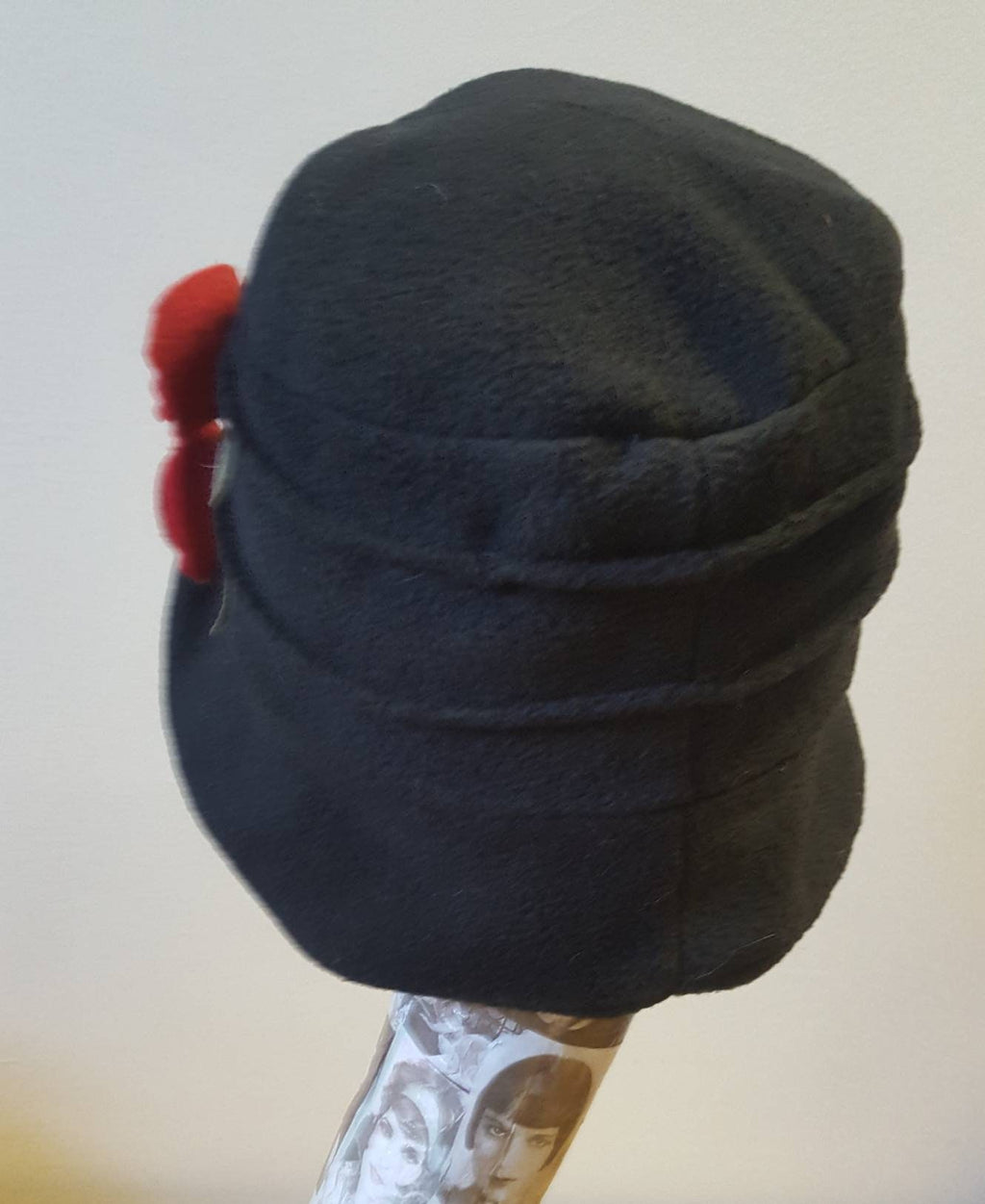 Handmade Black Fleece Hat with Red Flowers-Polar Fleece Lining-Downton Abbey Hat-Cloche Hat-Womens Fleece Winter Hat-1930's Hat-Fleece Hat