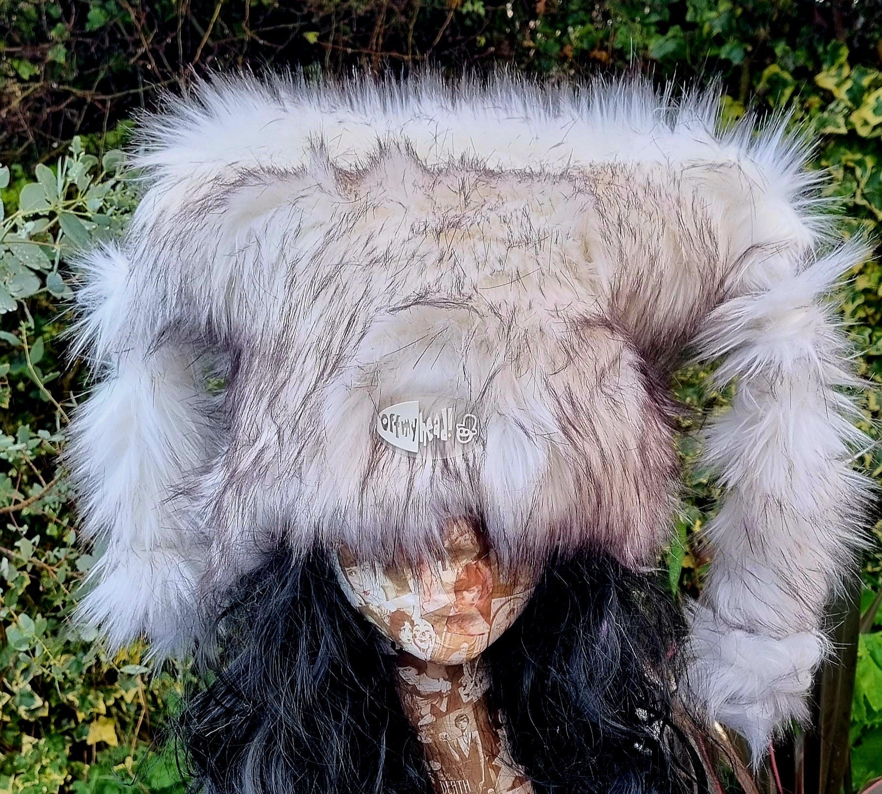 White Black Fur Marshmallow Hat with Polar Fleece Lining- Ski Hat-Apres Ski- Dog Walking- White Fur Hat-Cruelty Free-Vegan Fabric-Fleece