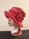 Flower Trimed Red Fleece Hat-Polar Fleece Lining-Downton Abbey Hat-Womens Fleece Hat-Womens Fleece Winter Hat-1930's-Ladies Winter Hat