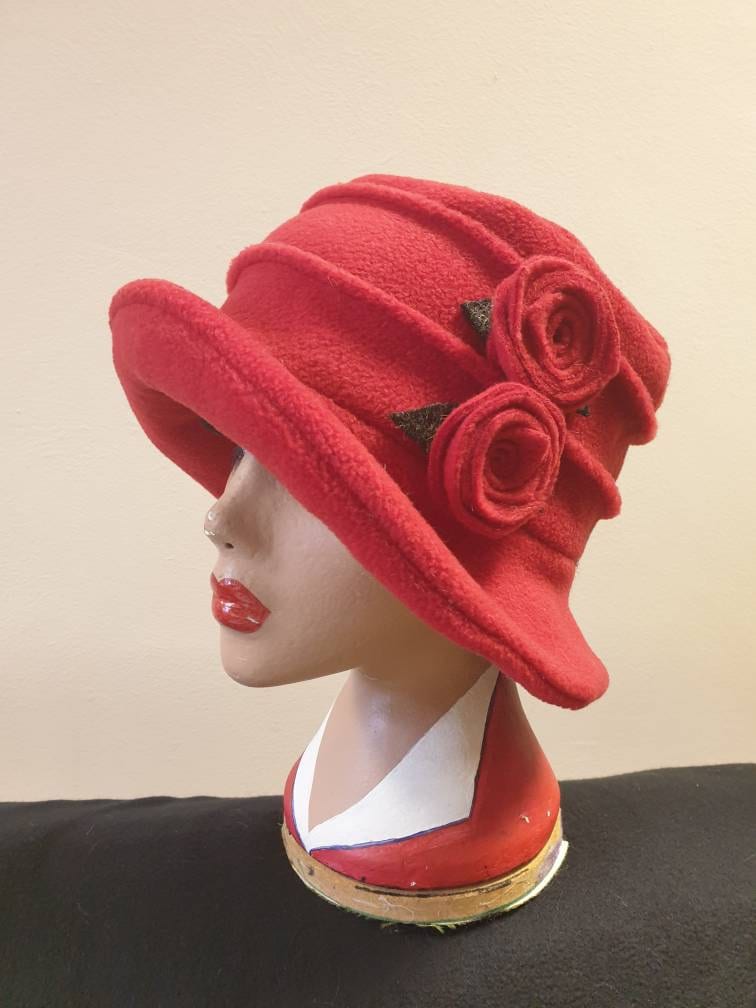 Flower Trimed Red Fleece Hat-Polar Fleece Lining-Downton Abbey Hat-Womens Fleece Hat-Womens Fleece Winter Hat-1930's-Ladies Winter Hat