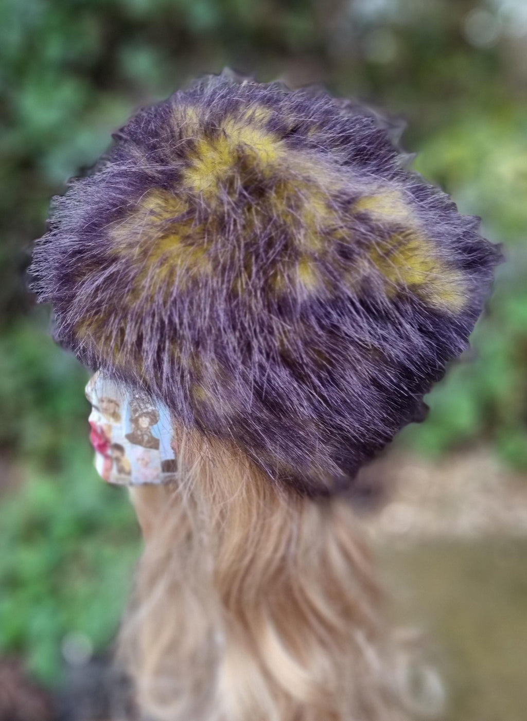 Yellow and Dark Grey Faux Fur Hat-Fleece Lining- Wintet Fur Hat-Black Fur Hat-Yellow-Cruelty Free-Vegan Fabric