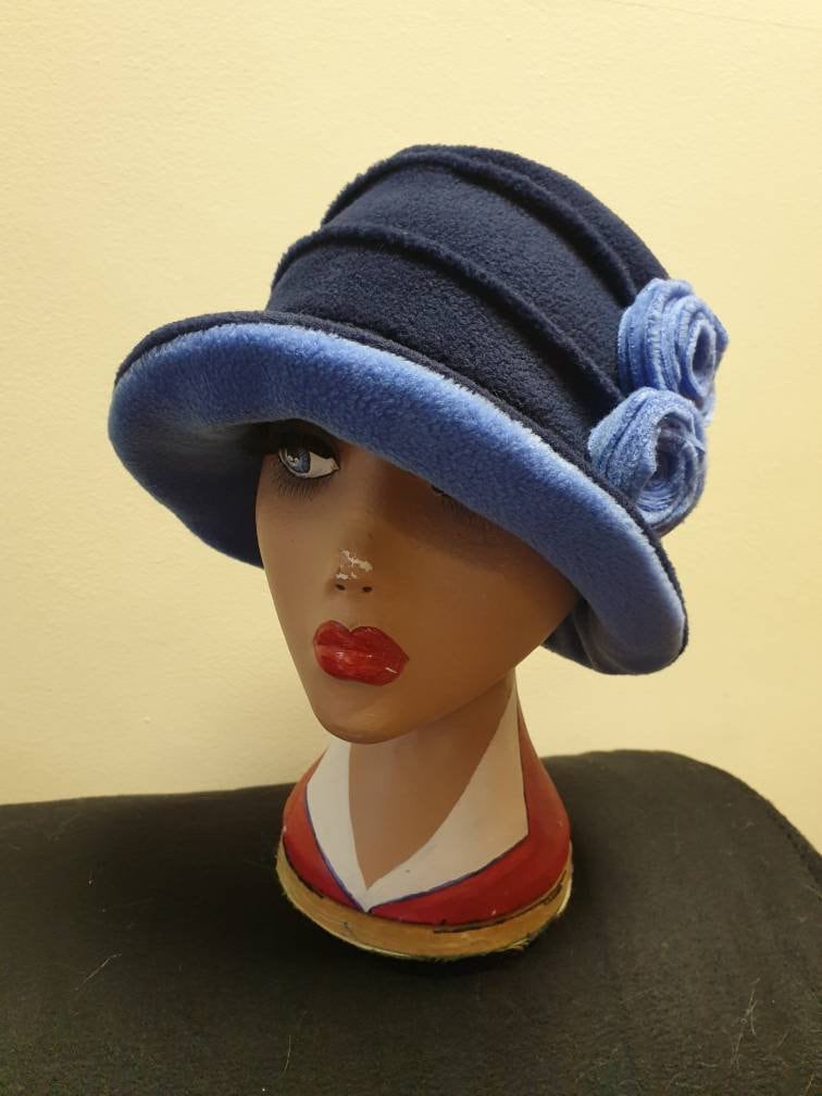 Two Tone Blue Fleece Hat-Fully Fleece Lined-Downton Abbey Hat-Womens Fleece Hat-Womens Fleece Winter Hat-Ladies Winter Hat