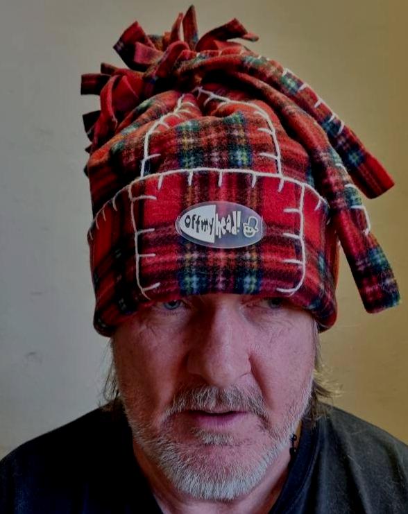 Original Off My Head Hat Tartan Fleece Hat with Blanket Stitch Detail Double Fleece- Fleece Tie Top Hat-Off My Head Hats