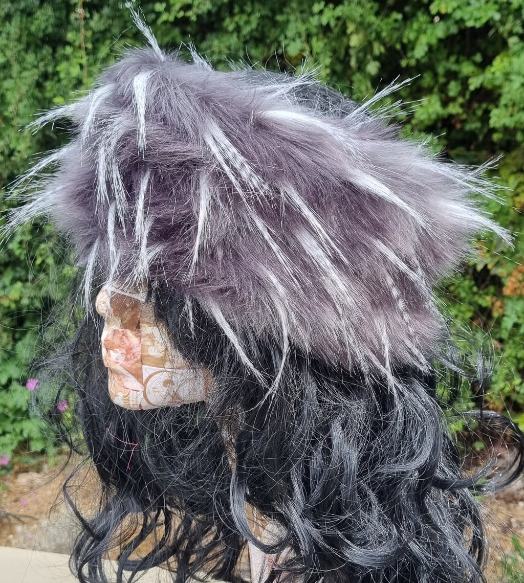 Fluffy Grey/White Long Pile Faux Fur Headband-Neckwarmer-Earwarmer-Head Wrap-Fur Head Wrap-Grey Fur- Grey Fur Headband