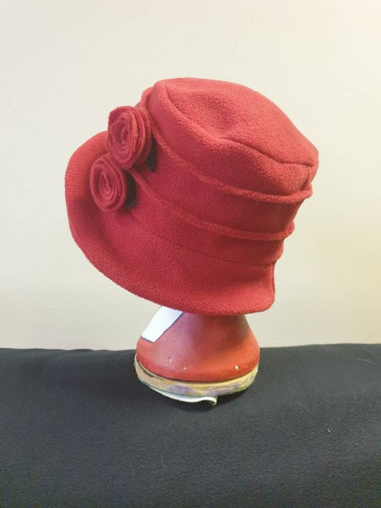 Flower Trimed Red Fleece Hat-Polar Fleece Lining-Downton Abbey Hat-Womens Fleece Hat-Womens Fleece Winter Hat-1930's-Ladies Winter Hat