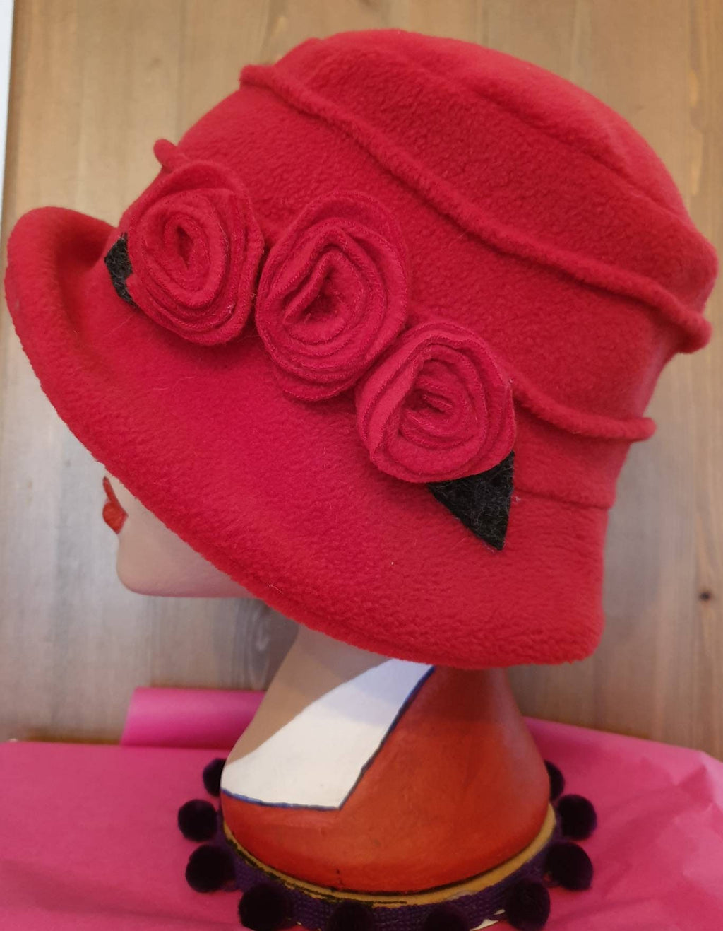 Red Fleece Cloche Hat | Vintage 1920s Style | Handmade in England