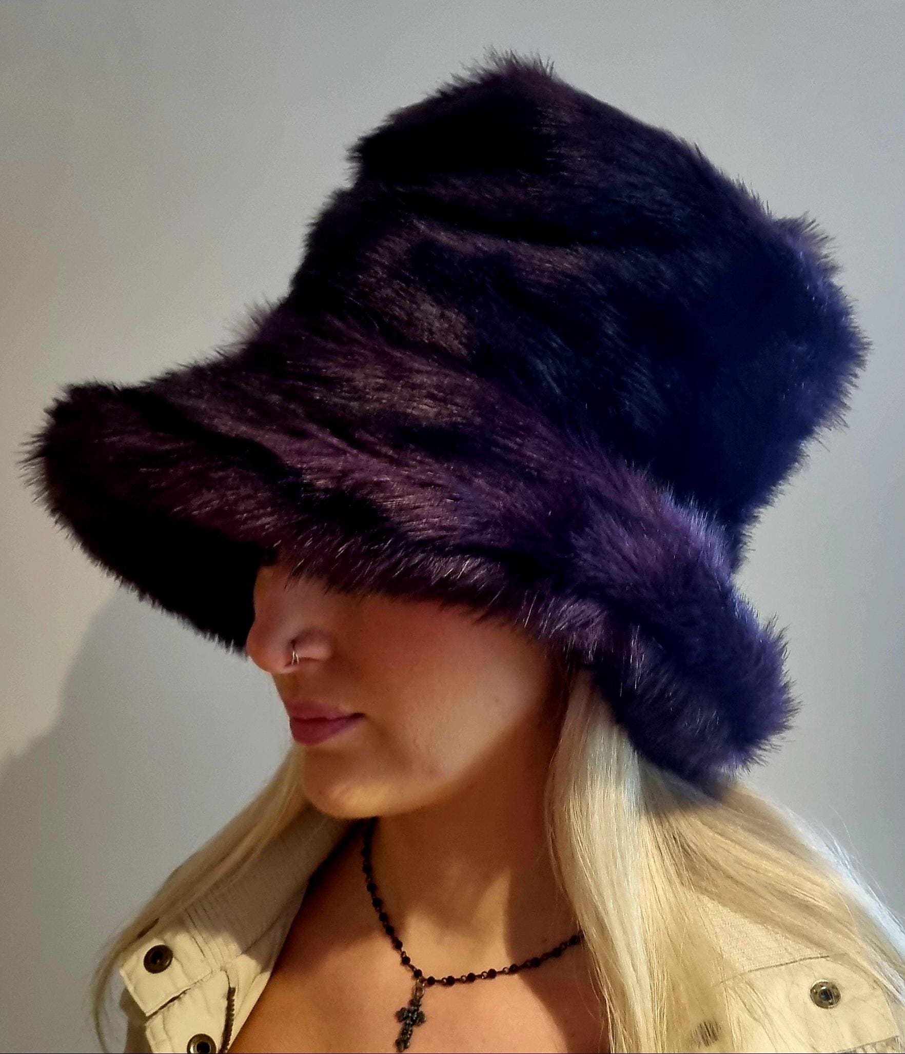 7 inch Tall Purple Black Faux Fur Hat-JK Style Hat-Space Cowboy Hat-Fake Fur Black Hat- Stovepipe Hat- Black Fur Top Hat-Top Hat-Halloween